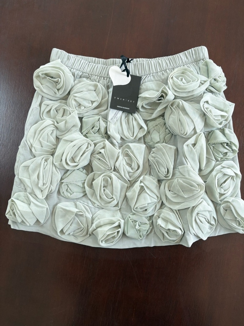 Twin-Set Pale Sage Mini Skirt with 3D Rosette Appliqués